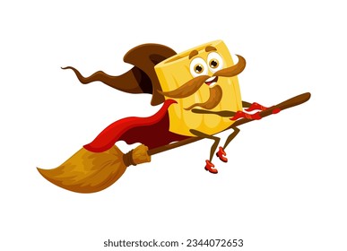 Cartoon Halloween pasta wizard and witch, sorcerer and mage character soars through the skies on trusty broomstick, casting magical spells and hurry for party celebration. Isolated vector wiz noodle