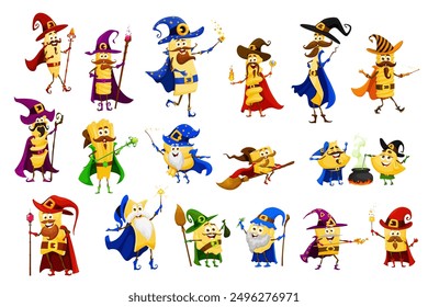 Cartoon Halloween pasta wizard and witch, sorcerer and mage characters. Italian cuisine food vector personages. Cute macaroni with magic hat, wand, magician cape and fireball, witch cauldron and broom