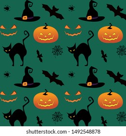 Cartoon halloween pattern . Creative wallpaper with cat,pumpkin,bat,spider and witch hat on green background.  Funny illustration for textile and fabric. Fashion style. Colorful picture. Vector Eps. 8