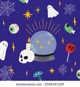 Cartoon halloween pattern. Happy Halloween vector background in flat style. A skull with a candle for various magical rituals and a magical glass layer
