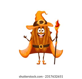 Cartoon halloween pecan wizard character. Isolated vector nut warlock personage holding magic staff, wearing pointy hat and robe. Healthy cartoonish grain with spellbinding stick, garbed in wiz attire