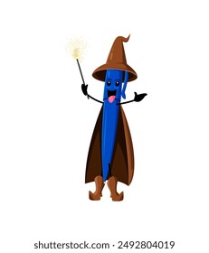 Cartoon Halloween pen school stationery mage, wizard and witch character. Isolated vector writing tool personage in mystical robe brandishing a wand, ready to enchant imaginative spells and adventures