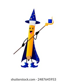 Cartoon Halloween pencil school stationery mage, wizard and witch character. Isolated vector playful personage, adorned in a magical astrologer robe and wielding a staff, ready for academic spells