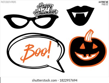 Cartoon halloween photo booth decoration design A4 page 02. Vector illustration template. Black orange silhouette on white background. Halloween party mask for photo booth. Pumpkin, vampire mouth.