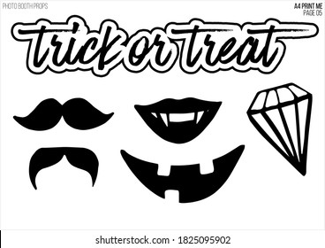 Cartoon halloween photo booth decoration design A4 page 05. Vector illustration template. Black orange silhouette on white background. Halloween party mask for photo booth.