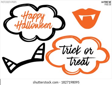 Cartoon halloween photo booth decoration design A4 page 08. Vector illustration template. Black orange silhouette on white background. Halloween party mask for photo booth.