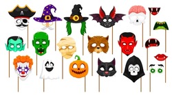 Cartoon Halloween Photo Booth Masks And Monster Props For Holiday, Vector Faces On Sticks. Halloween Funny Masks Of Creepy Zombie, Vampire And Mummy, Spooky Pumpkin And Death With Werewolf And Witch