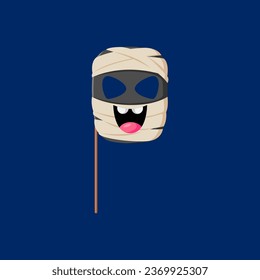 Cartoon Halloween photo booth mummy mask with props. Isolated vector whimsical carnival item, featuring playful cartoonish monster face with bandaged wraps and googly eyes, for spooky snapshots