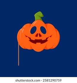 Cartoon Halloween photo booth pumpkin mask with props. Isolated vector whimsical carnival item, features a grinning jack-o-lantern face, adding a festive and spooky touch to costumes or snapshots