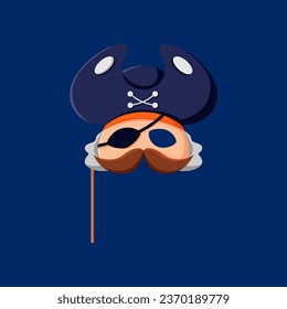 Cartoon Halloween pirate photo booth mask with props. Isolated vector whimsical corsair disguise with eye patch, tricorn hat, mustaches, and a playful, nautical flair, for swashbuckling snapshots