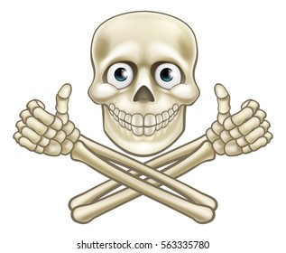 A cartoon Halloween pirate skull and crossbones skeleton character giving a thumbs up illustration