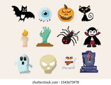 cartoon halloween pixel set vector ; vector illustration