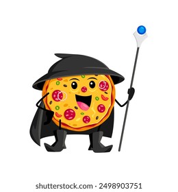 Dibujos animados de Halloween pizza comida rápida imagen, mago y personaje de bruja. Personaje caprichoso de Vector aislado con queso, pepperoni, capa y sombrero, conjurando con un bastón, lanzando deliciosos hechizos culinarios