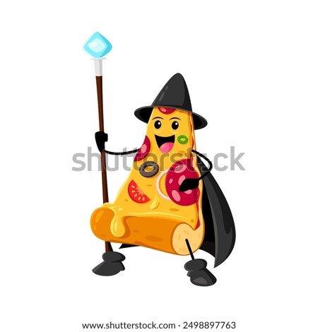 Cartoon Halloween pizza slice fast food mage, wizard and witch character. Isolated vector cheesy warlock personage with a mystical hat and sauce spells, casting flavor enchantments in a magic world