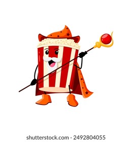 Cartoon Halloween popcorn fast food mage, wizard and witch character. Isolated vector whimsical pop corn bucket personage wear hat and a magic staff, casting spells of flavor in a world of enchantment