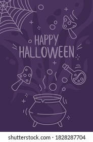 Cartoon Halloween poster designs with potopn pot with mushrooms and fly agaric. Funny halloween card invitation. Cfn be used for web.