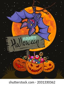 Cartoon Halloween poster. Old wooden board with text Happy Halloween, cute fanny vampire bat, pumpkins, one of them as basket full of candies on full moon background. Hand drawn vector illustration.