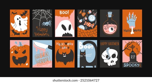 Cartoon halloween posters magic and witchcraft. 90s wild magic wall design. Vintage banners: skull, pumpkin, witch, ghosts, eye, potion. Scary groovy placard set