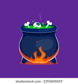 Cartoon Halloween pot. Isolated vector dark and eerie witch cauldron filled with bubbling, mysterious brew. Floating bones and eyeball create an enchanting ambiance for spooky and haunted gatherings