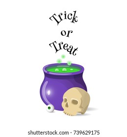 Cartoon halloween pot with scull and eye. Trick or treat card. Vector illustration. 