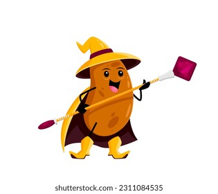 Cartoon halloween potato mage vegetable character. Vegetable wizard funny character, potato magician or warlock isolated vector cheerful personage or cute mascot with scepter, wearing cape and hat