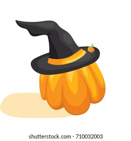 Cartoon halloween pumpkin in black witches hat Simple vector illustration. White isolated.