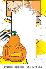 Cartoon Halloween Pumpkin com balão em branco, história em quadrinhos Jack O' Lantern fundo. Quadrinhos vetoriais retrô com design de arte pop.