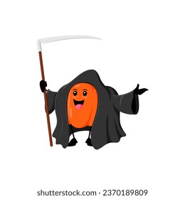 Cartoon Halloween pumpkin character dons a grim reaper costume, combining spooky and cute for a delightful holiday twist. Isolated vector gourd in robe with scythe radiating all hallows eve spirit