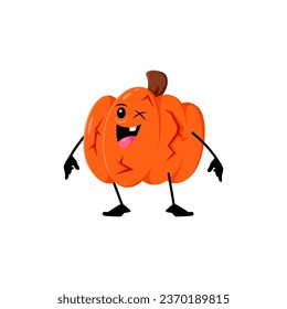 Cartoon Halloween pumpkin character. Isolated vector one-eyed cracked gourd personage with a mischievous toothless grin, embodies the spirit of holiday season, radiating a playful and mysterious aura