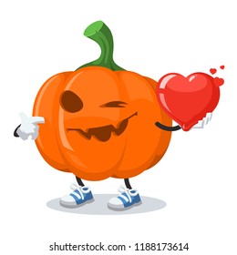 cartoon halloween pumpkin character mascot keeps the heart on white background