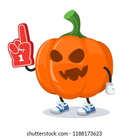 cartoon halloween pumpkin character mascot with the number 1 one sports fan hand glove on a white background