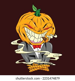 Cartoon Halloween pumpkin character personage. Halloween party background or holiday banner, invitation cart orange vector backdrop with happy smiling Jack o lantern pumpkin face and typography