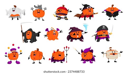 Cartoon Halloween pumpkin characters isolated vector set. Funny gourd personages wear costume of ghost, wolf, pirate and witch, vampire, reaper or alien. Clown, devil, wizard and mummy or zombie
