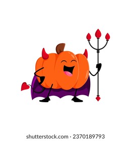 Cartoon Halloween pumpkin devil character. Isolated vector mischievous gourd in devilish costume, complete with horns, tail, cape and pitchfork, ready to raise some pumpkin-y havoc on All Hallows Eve