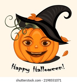 Cartoon Halloween pumpkin with funny face in a witch's hat. Vector illustration, decorative element. 