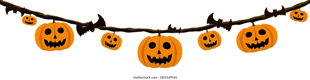 Cartoon Halloween Pumpkin Hanging On Vine And There Are Many Bats Great For Decorating Halloween Cards. The Main Symbol Of The Happy Halloween Holiday