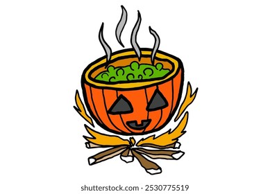 Cartoon Halloween Pumpkin Head Pot ON Fire com a poção fervente