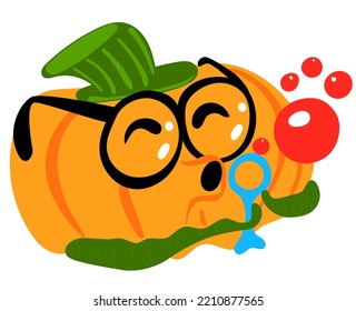 Cartoon Halloween pumpkin inflates bloody soap bubbles on a white isolate. Vector illustration of a cheerful Halloween character with glasses and a hat. Stock image in flat style.
