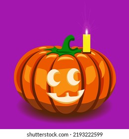 Cartoon Halloween pumpkin isolated on purple background with candle. Drawing for the design of a postcard, poster, banner, decorative element, greeting and invitation parties