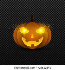 Cartoon halloween pumpkin of orange color with glowing eyes. Yellow eyes glow in the dark. Isolated on a transparent background. Flying glowing dust. Vector illustration
