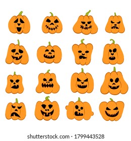 Cartoon halloween pumpkin. Orange pumpkins with carving scary smiling cute glowing faces. Decoration gourd vegetable or holiday spooky happy face, october nature vector isolated icon set