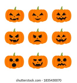 Cartoon halloween pumpkin. Orange pumpkins with carving scary smiling cute glowing faces. Decoration gourd vegetable or holiday spooky happy face, october nature vector isolated icon set