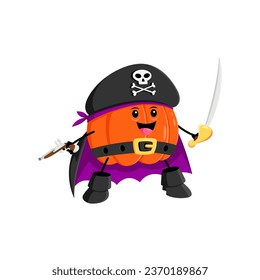 Cartoon Halloween pumpkin pirate character. Isolated vector mischievous captain jack-o-lantern gourd personage with grinning face, wields a swashbuckling sword, ready for adventures on the high seas