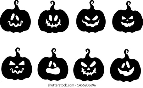 Cartoon halloween pumpkin. Pumpkins with carving scary smiling cute glowing faces. Decoration gourd vegetable or holiday spooky happy face, october nature vector isolated icon set