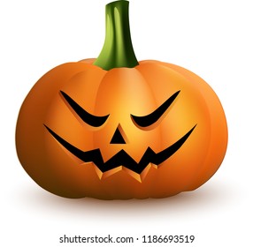 Cartoon halloween pumpkin with scary face on white background