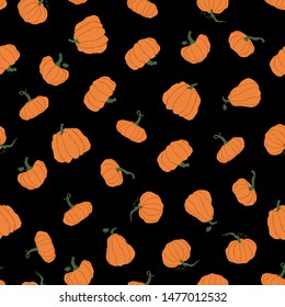 Cartoon halloween pumpkin seamless background. Different shapes and sizes orange gourd isolated on black background. Hand drawn various pumpkins. Vector illustration.
