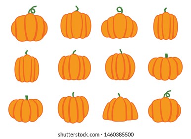 Cartoon halloween pumpkin set. Different shapes and sizes orange gourd isolated on white background.