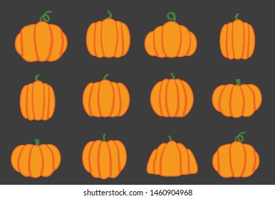 Cartoon halloween pumpkin set. Different shapes and sizes orange gourd isolated on white background.