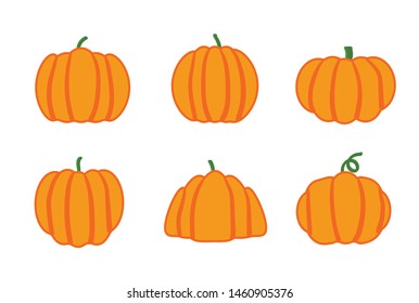 Cartoon halloween pumpkin set. Different shapes and sizes orange gourd isolated on white background.