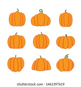 Cartoon halloween pumpkin set. Different shapes and sizes orange gourd isolated on white background.